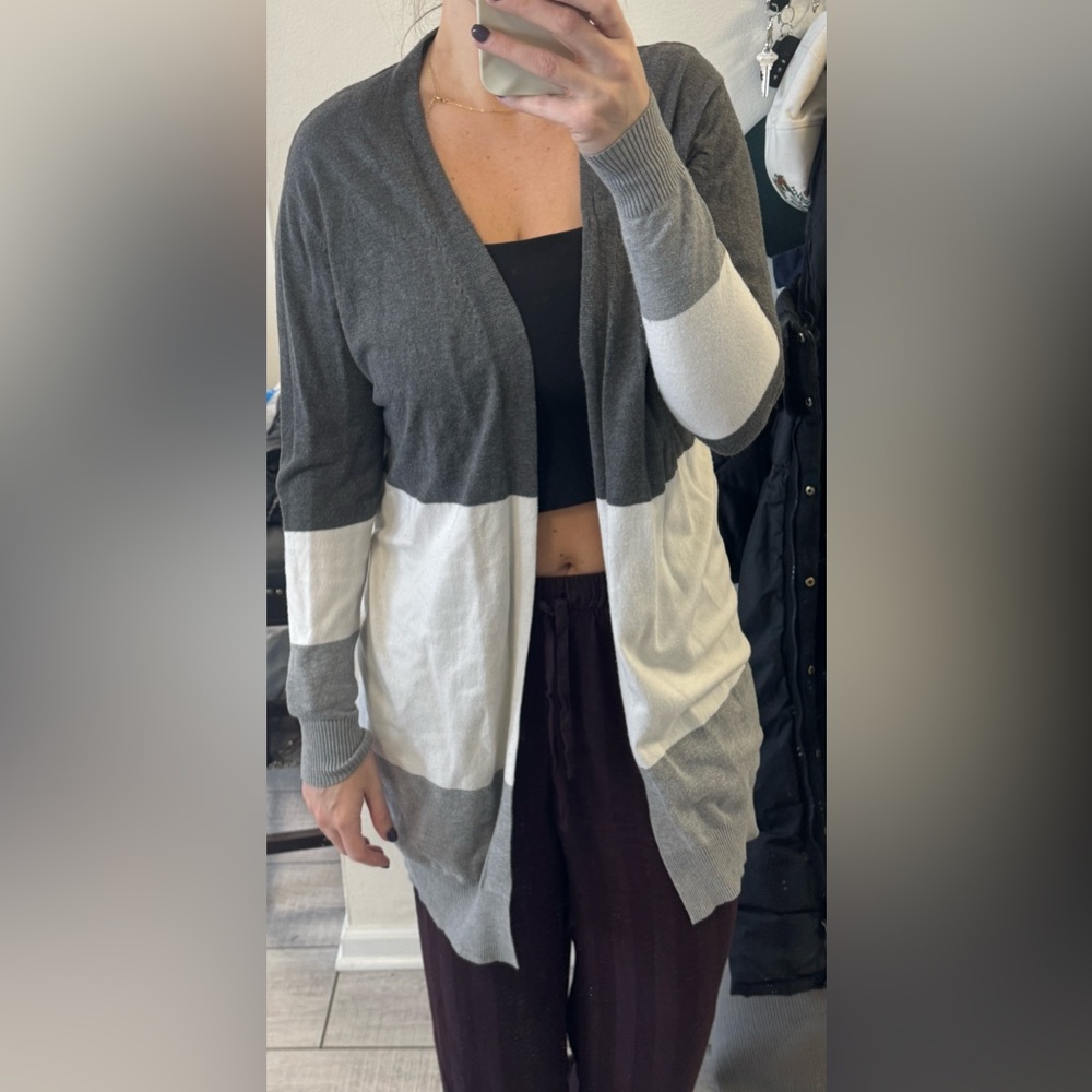 Grey and white striped cardigan. Size medium